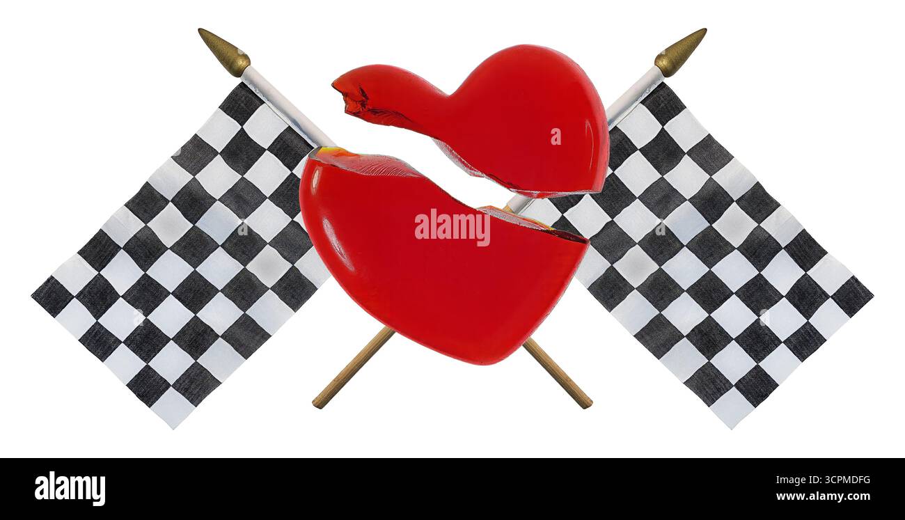 Una cura rapida per un cuore spezzato, mostrata da un cuore di vetro rosso spezzato e bandiere a scacchi Foto Stock