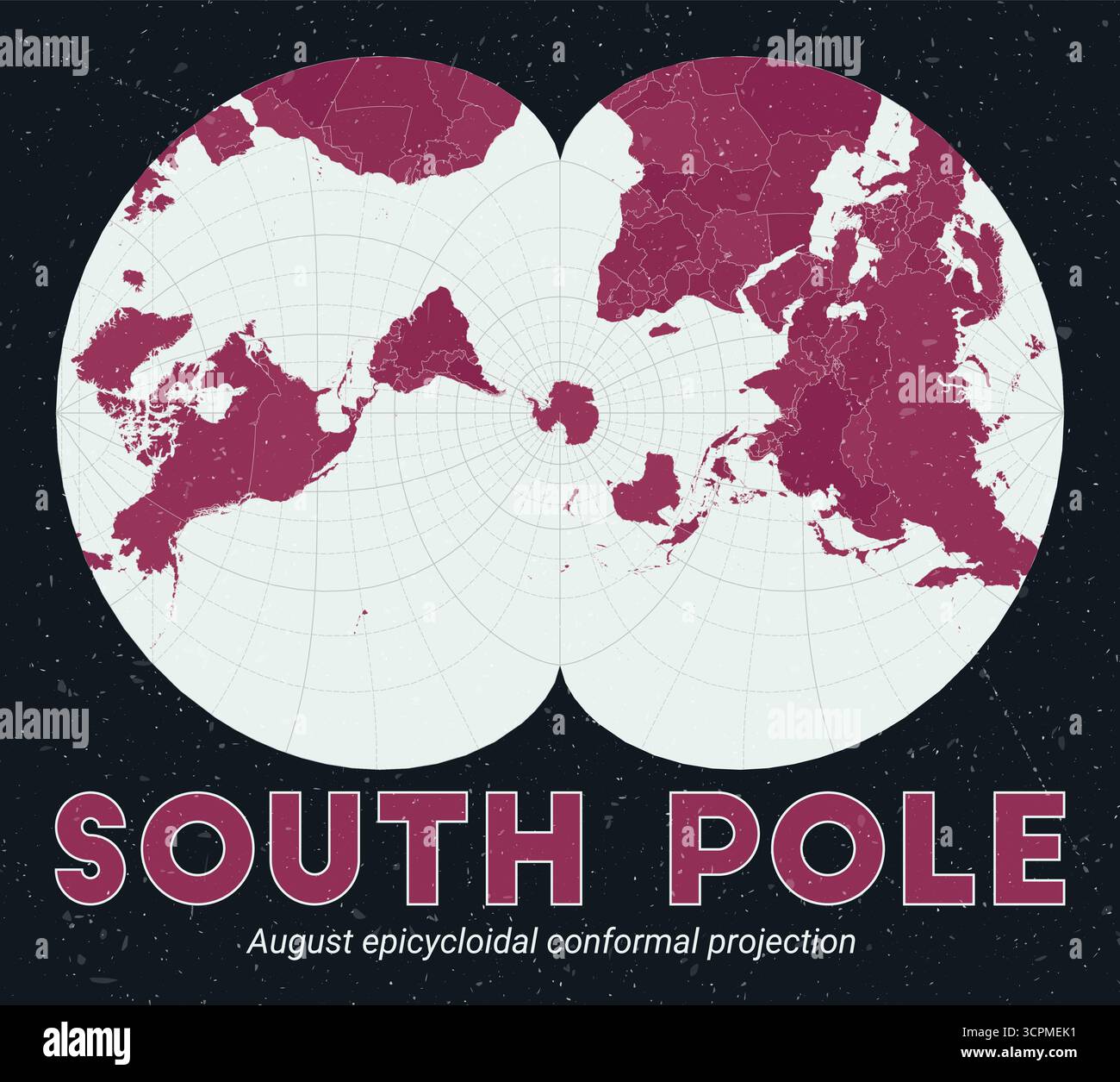 Polo Sud. Mappa del mondo. Proiezione conformale epicicloidale di agosto centrata sul Polo Sud. Menta pallida e rosa scuro. Texture vintage. Illustrazione Vettoriale