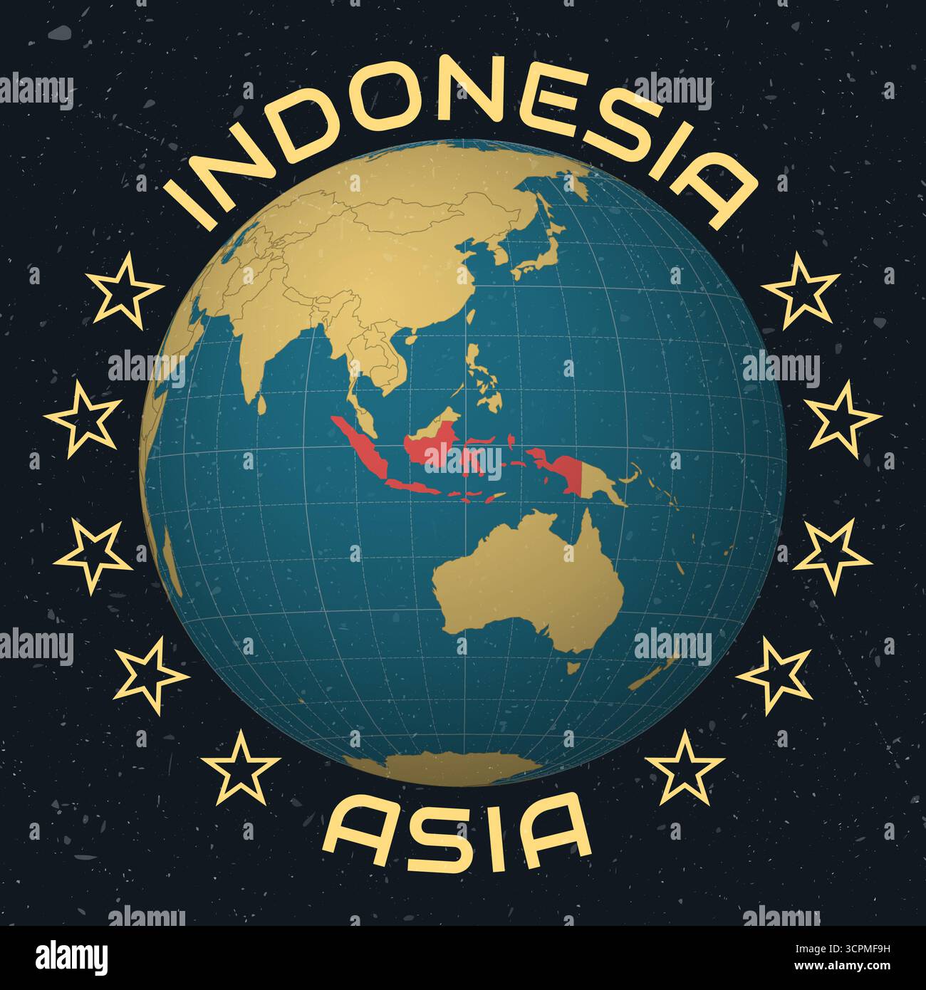 Indonesia su Globe. Nome del paese testo rotondo. Look vintage con texture graffiata graffiata. Illustrazione Vettoriale