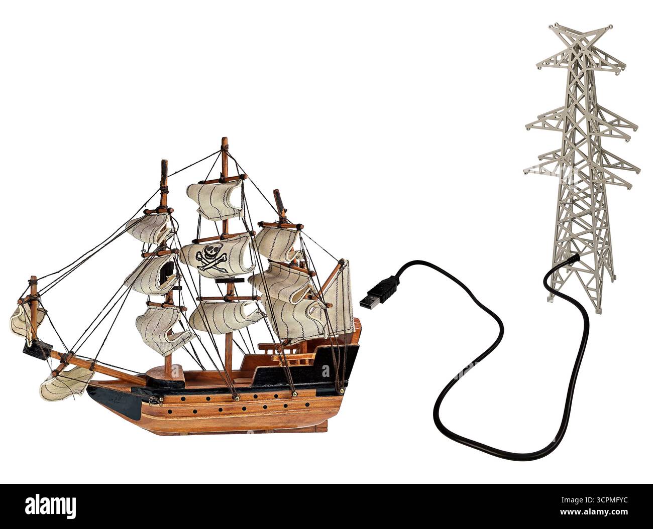Fornire carburante per l'immaginazione mostrata da una nave pirata collegata a un palo Power Line Foto Stock