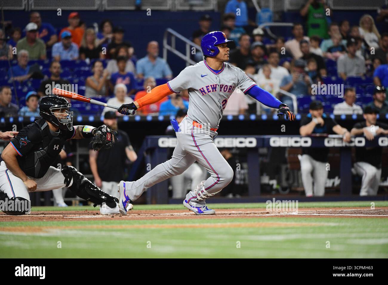 Miami, Stati Uniti. 26 settembre 2025. Juan Soto (22), il primo inning dei New York Mets al Depot Park, il 26 settembre 2025, a Miami, Florida. (Foto di JC Ruiz/Sipa USA) credito: SIPA USA/Alamy Live News Foto Stock