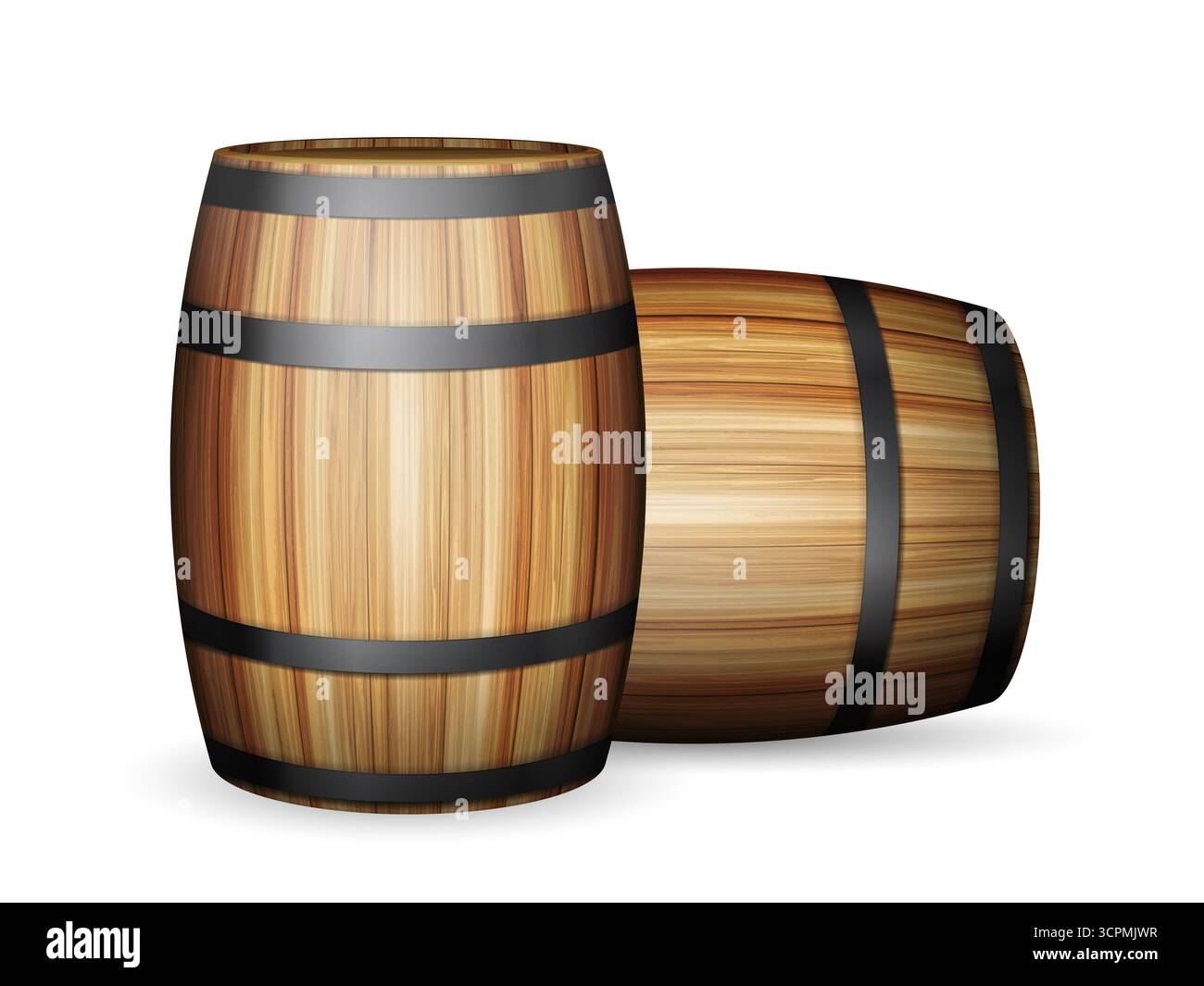 Botti di legno su sfondo bianco. Illustrazione vettoriale. Foto Stock