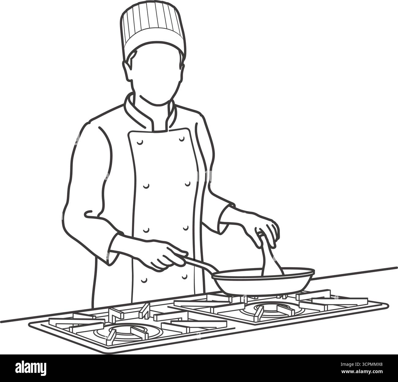 Uno chef che cucina in padella su Un piano cottura. Illustrazione del disegno di linea monocromatico vettoriale isolata su sfondo bianco. Illustrazione Vettoriale