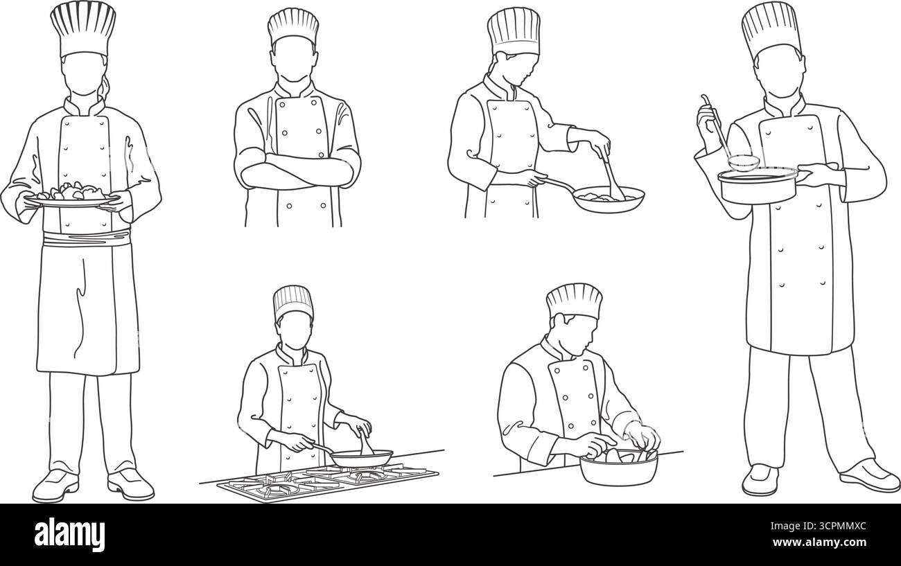 Uno chef che cucina in Una padella. Illustrazione piatta vettoriale isolata su sfondo bianco. Illustrazione Vettoriale