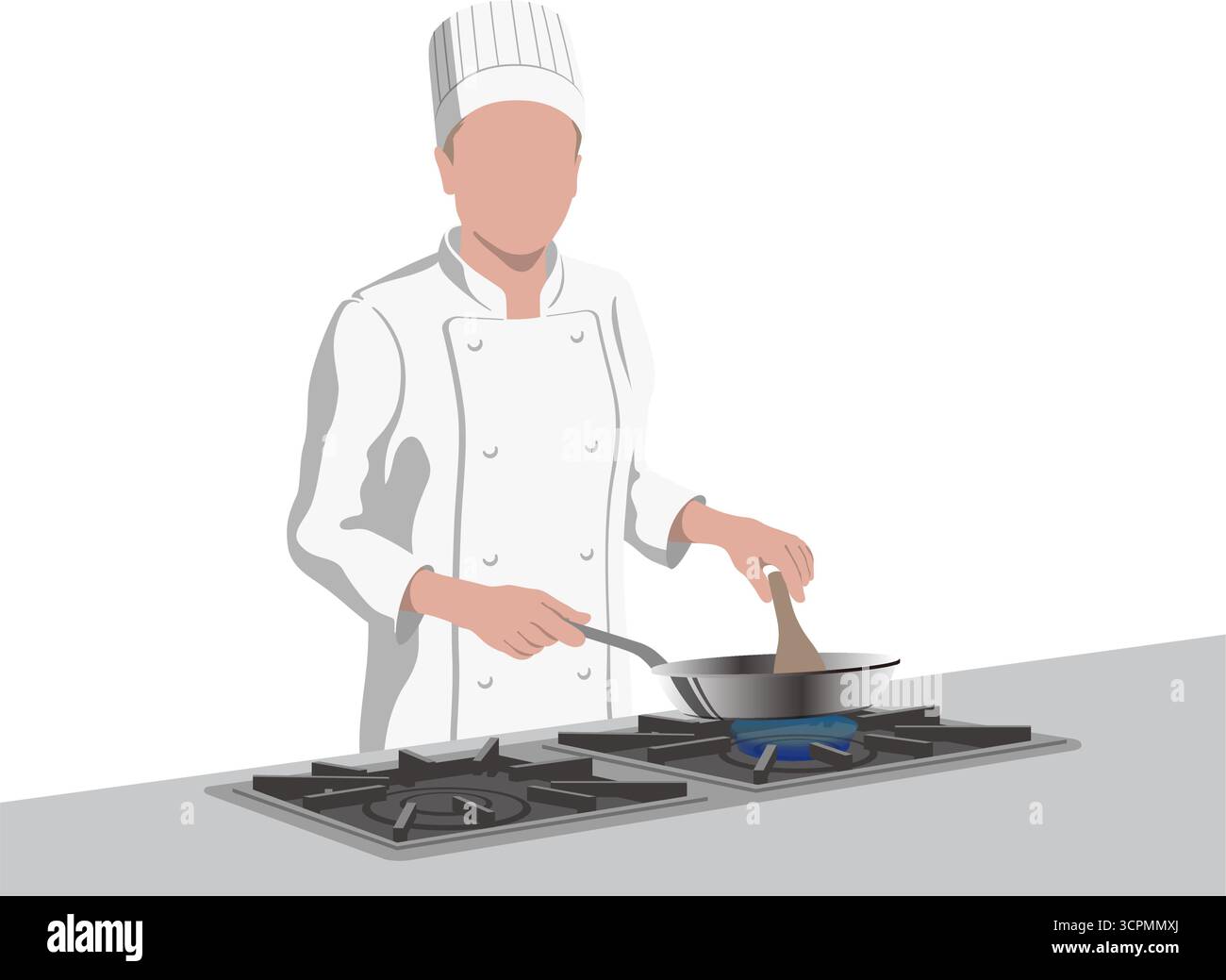 Uno chef che cucina in padella su Un piano cottura. Illustrazione vettoriale in stile piatto isolata su sfondo bianco. Illustrazione Vettoriale