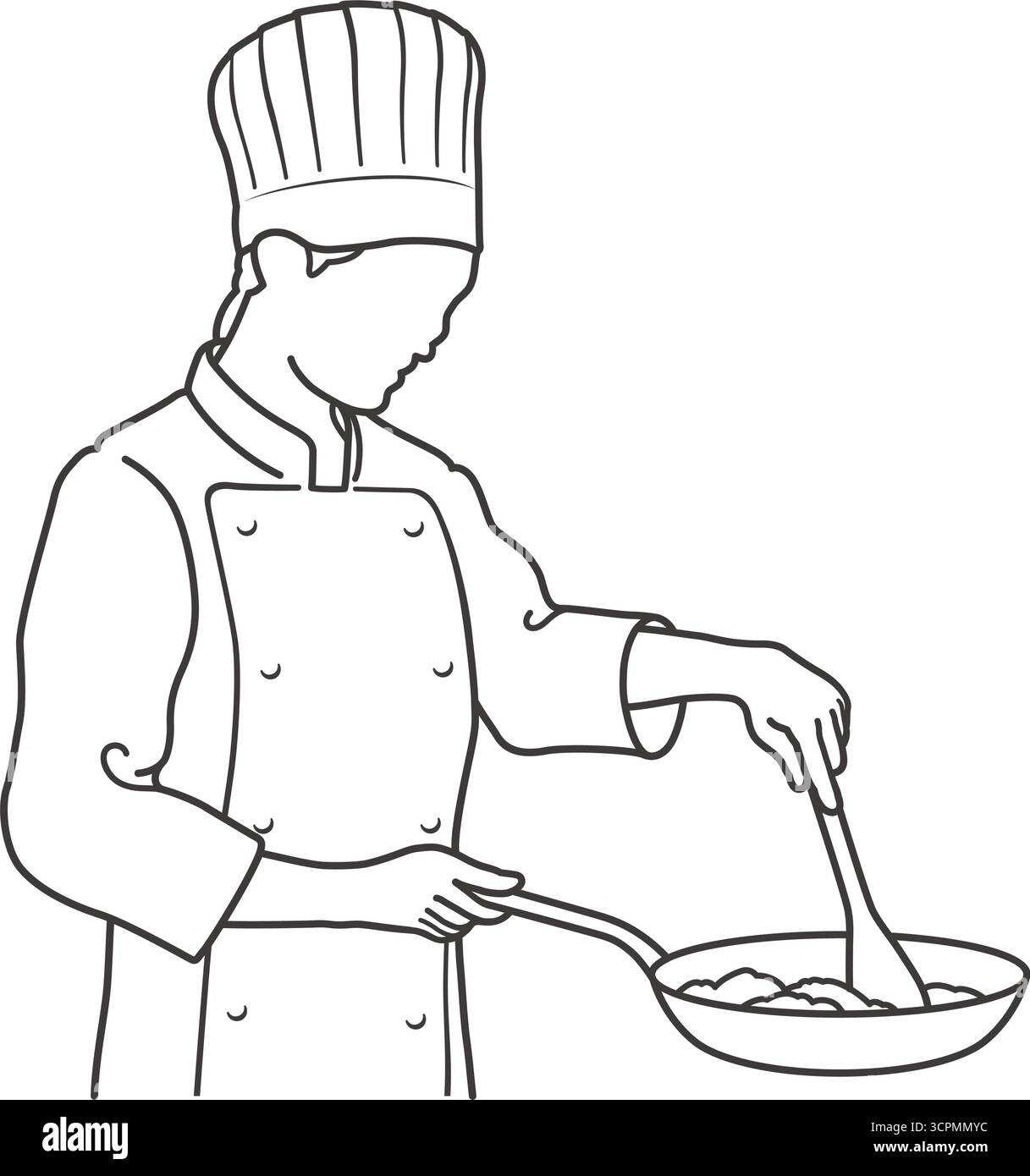 Uno chef che cucina in Una padella. Illustrazione del disegno di linea monocromatico vettoriale isolata su sfondo bianco. Illustrazione Vettoriale