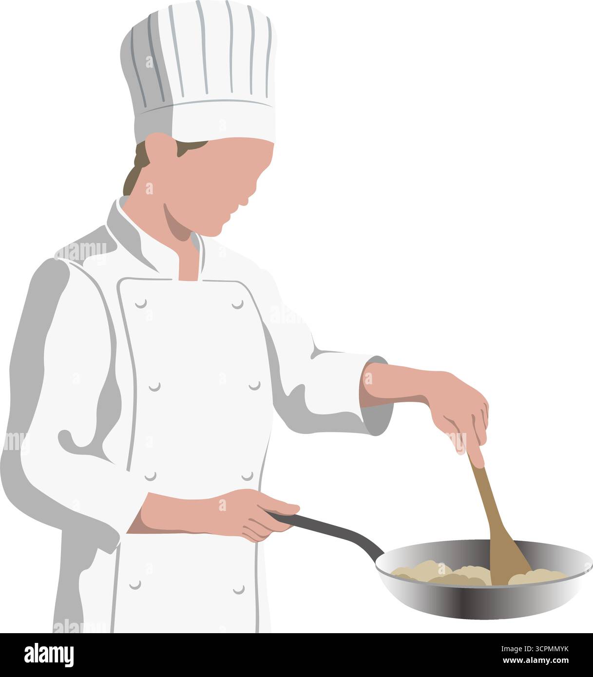 Uno chef che cucina in Una padella. Illustrazione piatta vettoriale isolata su sfondo bianco. Illustrazione Vettoriale