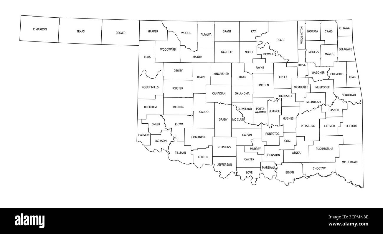 Stato dell'Oklahoma, diviso in 77 contee, delineare la mappa. Stato nella regione centro-meridionale e sud-occidentale degli Stati Uniti. Foto Stock