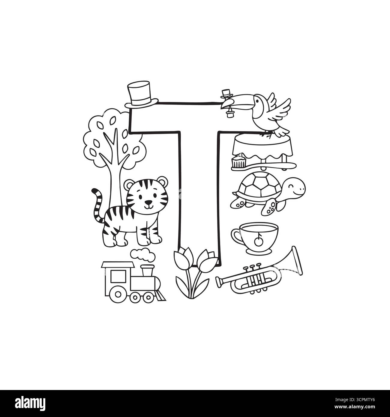 Pagina da colorare con lettera T con tartaruga tigre e tromba per bambini Illustrazione Vettoriale Pagina da colorare con lettera T con tartaruga tigre e tromba per bambini Illustrazione Vettoriale