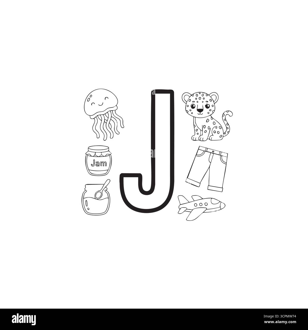 Pagina da colorare con lettera J con Jellyfish Jam jeans jaguar e jet Illustrazione Vettoriale
