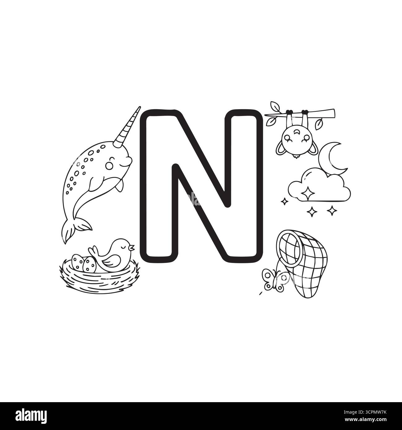 Pagina da colorare lettera N alfabeto per bambini Illustrazione Vettoriale