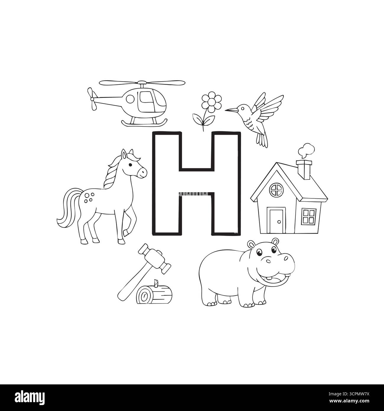 Pagina da colorare lettera H per bambini Illustrazione Vettoriale