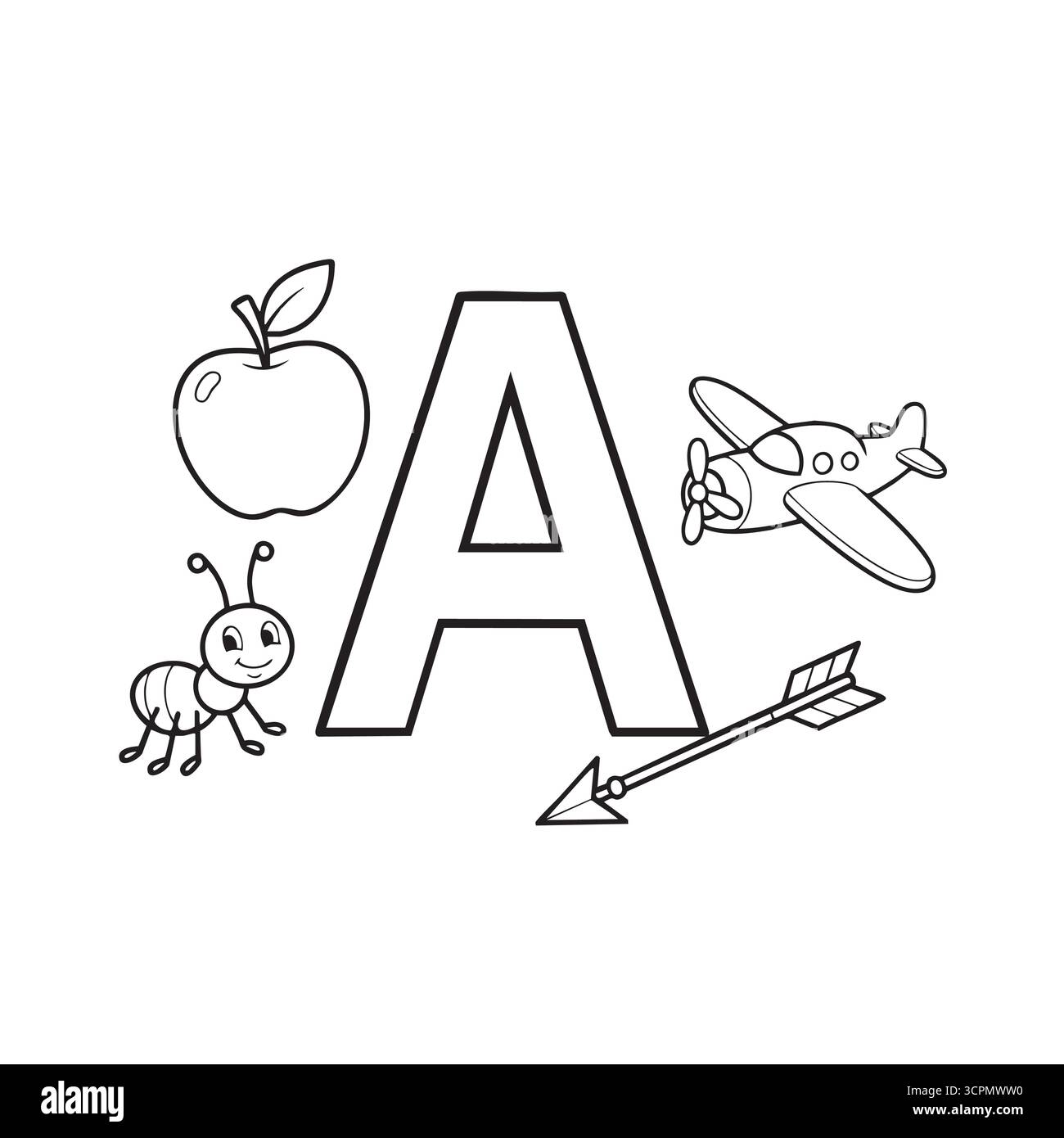 Lettera A pagina di colorazione alfabetica con aeroplano e freccia Illustrazione Vettoriale