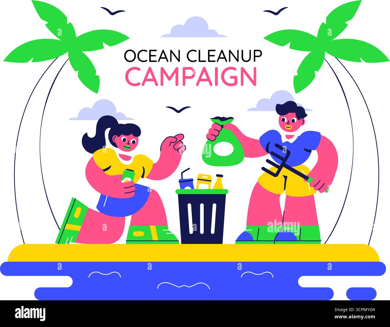Illustrazione della campagna di pulizia dell'oceano con la pulizia della spiaggia dal cestino e dalla spazzatura per ripristinare la natura e promuovere la consapevolezza ambientale Illustrazione Vettoriale