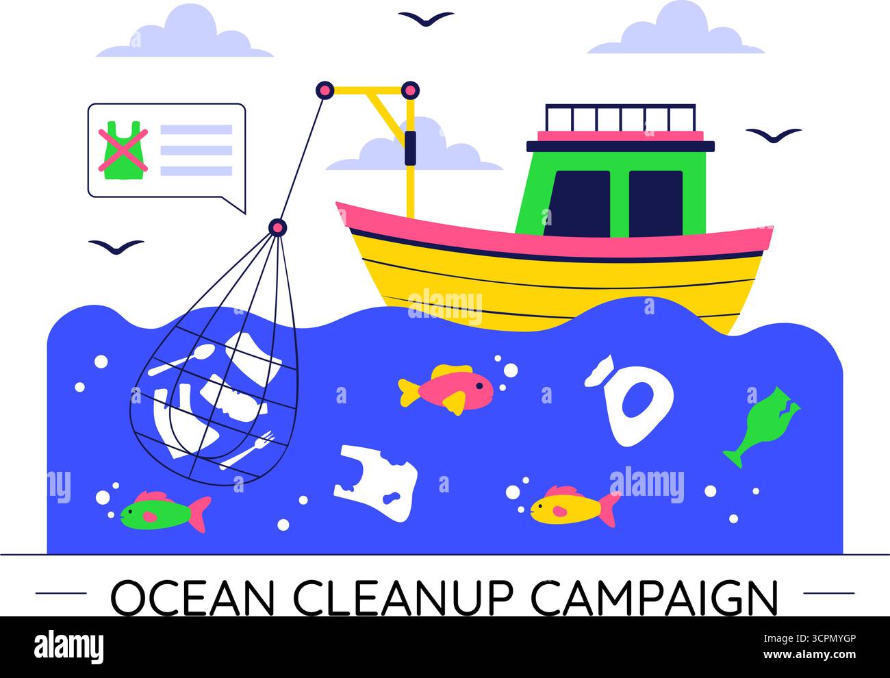 Illustrazione della campagna di pulizia dell'oceano con la pulizia della spiaggia dal cestino e dalla spazzatura per ripristinare la natura e promuovere la consapevolezza ambientale Illustrazione Vettoriale