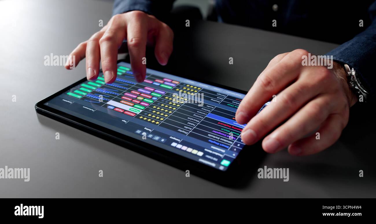 Medical Data Analyst che esamina i fogli di calcolo in Office for Business Accounts Foto Stock