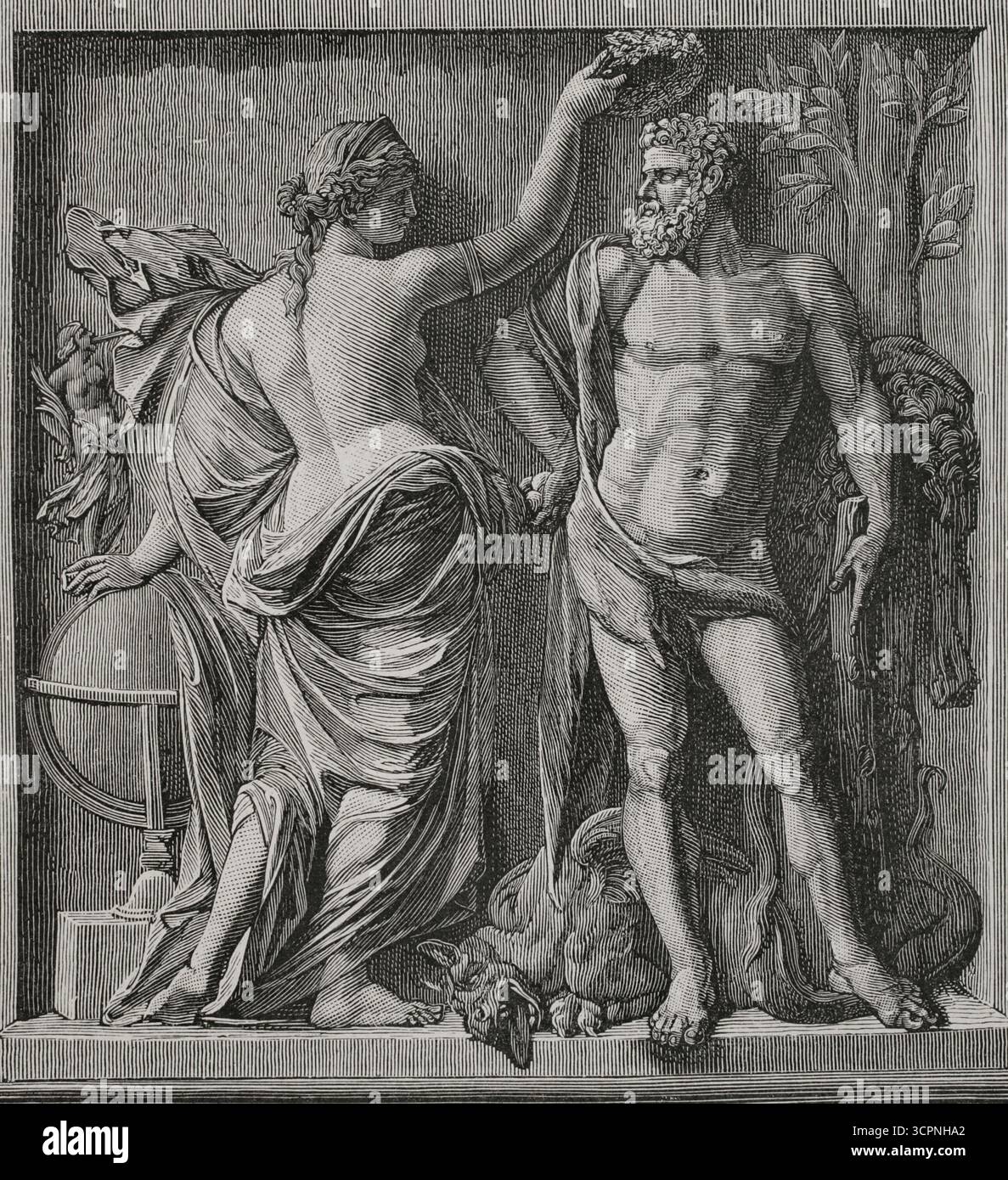 Ercole incoronata da Glory. Incisione basata sul pezzo presentato nel 1671 all'Accademia francese dallo scultore francese di origine olandese, Martin Desjardins (Martin van den Bogaert) (1637-1694). Ercole trionfante, appoggiato alla sua mazza e indossando la pelle del leone Nemeo, calpesta i resti dell'Idra Lernaea. XVI siècle: lettres, Sciences et Arts, France 1590-1700 (XVII secolo: Lettere, scienze e arti), di Paul Lacroix. Pubblicato a Parigi da Librairie de Firmin-Didot et Cie, 1882. Foto Stock