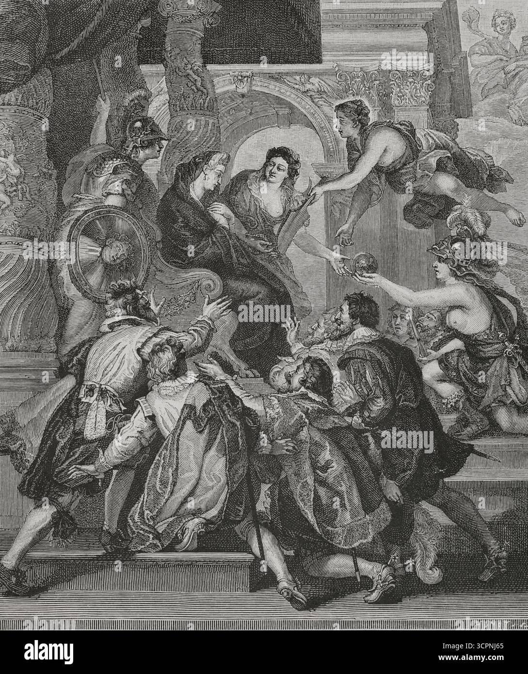 "Il proclama della Reggenza". Incisione di Huyot basata su un dettaglio di uno dei dipinti di Peter Paul Rubens (1577-1640) del ciclo di Maria de' Medici, prodotto tra il 1600 e il 1625. Dopo l'assassinio di Enrico IV il 14 maggio 1610, la regina consorte Maria de' Medici (1575-1642) assunse la reggenza di Francia. La scena raffigura la regina vestita in lutto, seduta sul trono e presa il potere mentre riceve un globo fiammingo come emblema. Minerva (saggezza) e Prudence la consigliano. La Provvidenza divina le offre il timone, come simbolo di autorità. I nobili del regno giurano allegia Foto Stock