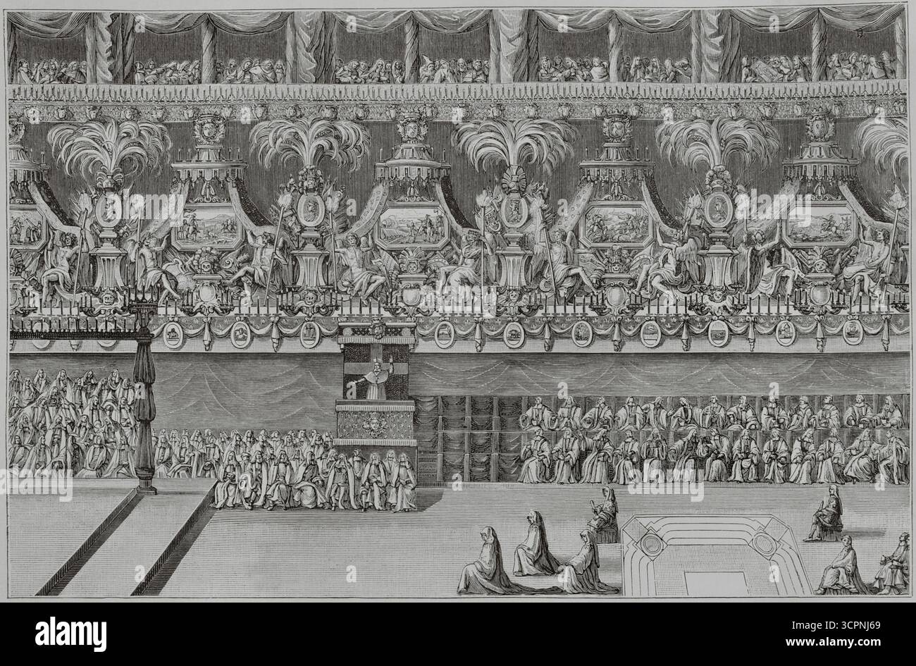 Francia. Funerale in memoria di Luigi II di Borbone, principe di Condé (1621-1686), noto come le Grand Condé. Si è giocato a Notre-Dame il 10 marzo 1687. Bossuet che predica il sermone funebre per Louis de Bourbon. Disegno di Jean Bérain (1640-1711), inciso da Jean Dolivar (1641-1692). XVI siècle: lettres, Sciences et Arts, France 1590-1700 (XVII secolo: Lettere, scienze e arti), di Paul Lacroix. Pubblicato a Parigi da Librairie de Firmin-Didot et Cie, 1882. Foto Stock