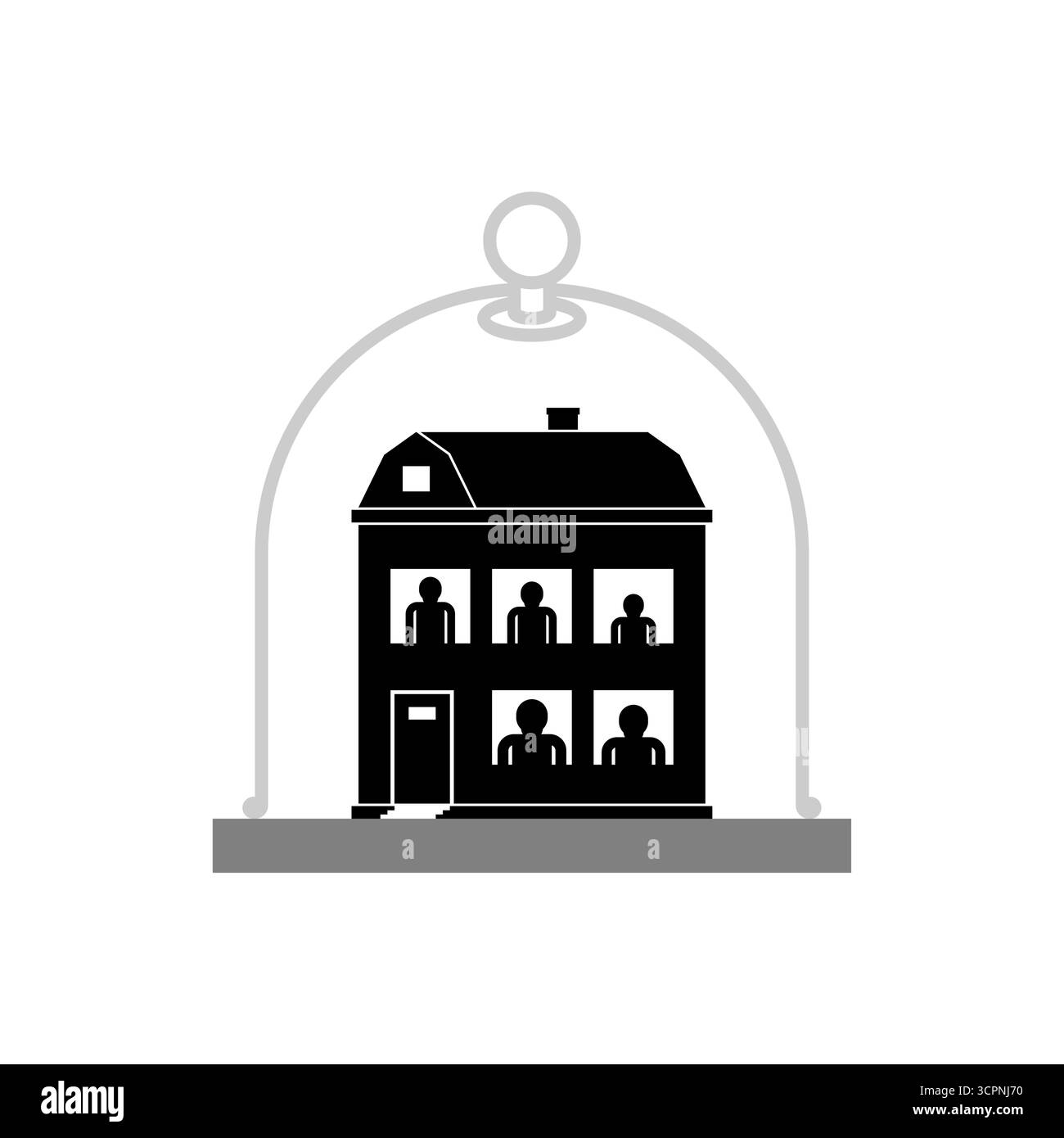 Casa sotto la cupola di vetro. Casa accogliente protetta sotto una cupola di vetro, simboleggia la sicurezza, il comfort della casa, la sicurezza, l'isolamento, quarantena e concetto moderno Illustrazione Vettoriale