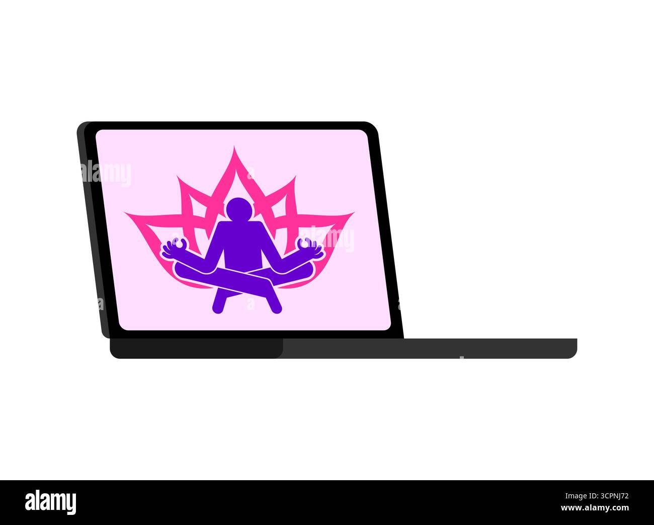 laptop con logo yoga online. Simbolo del benessere digitale, fitness remoto, meditazione e stile di vita sano. Illustrazione Vettoriale