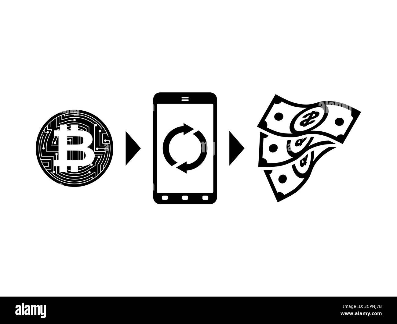 Cambio valuta digitale. Smartphone che mostra l'icona Bitcoin insieme alla moneta cartacea, simboleggia lo scambio di valuta digitale, i pagamenti in criptovaluta Illustrazione Vettoriale