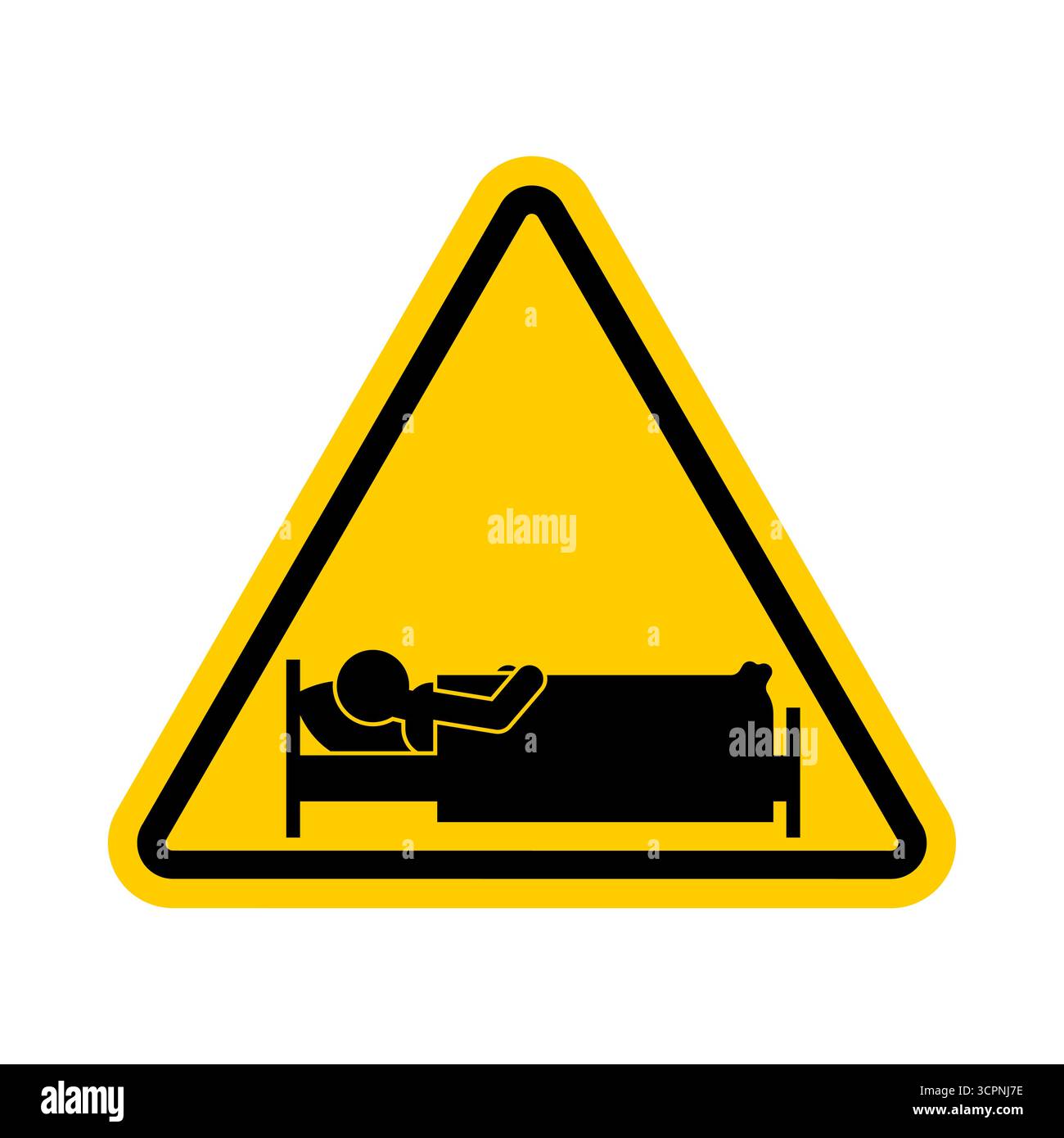Cartello stradale giallo con la persona addormentata. Cartello stradale giallo triangolare con la sagoma di una persona che dorme nel letto, che simboleggia l'area di riposo, attenzione per Illustrazione Vettoriale