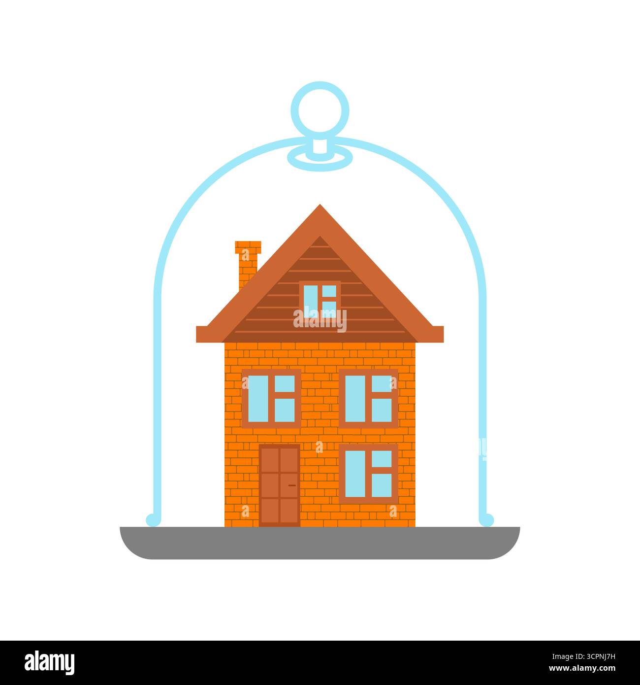 Casa in legno sotto la cupola di vetro. Illustrazione di una casa di legno protetta sotto una cupola di vetro, che rappresenta la sicurezza domestica, la vita ecologica, il calore, il comfort, qua Illustrazione Vettoriale
