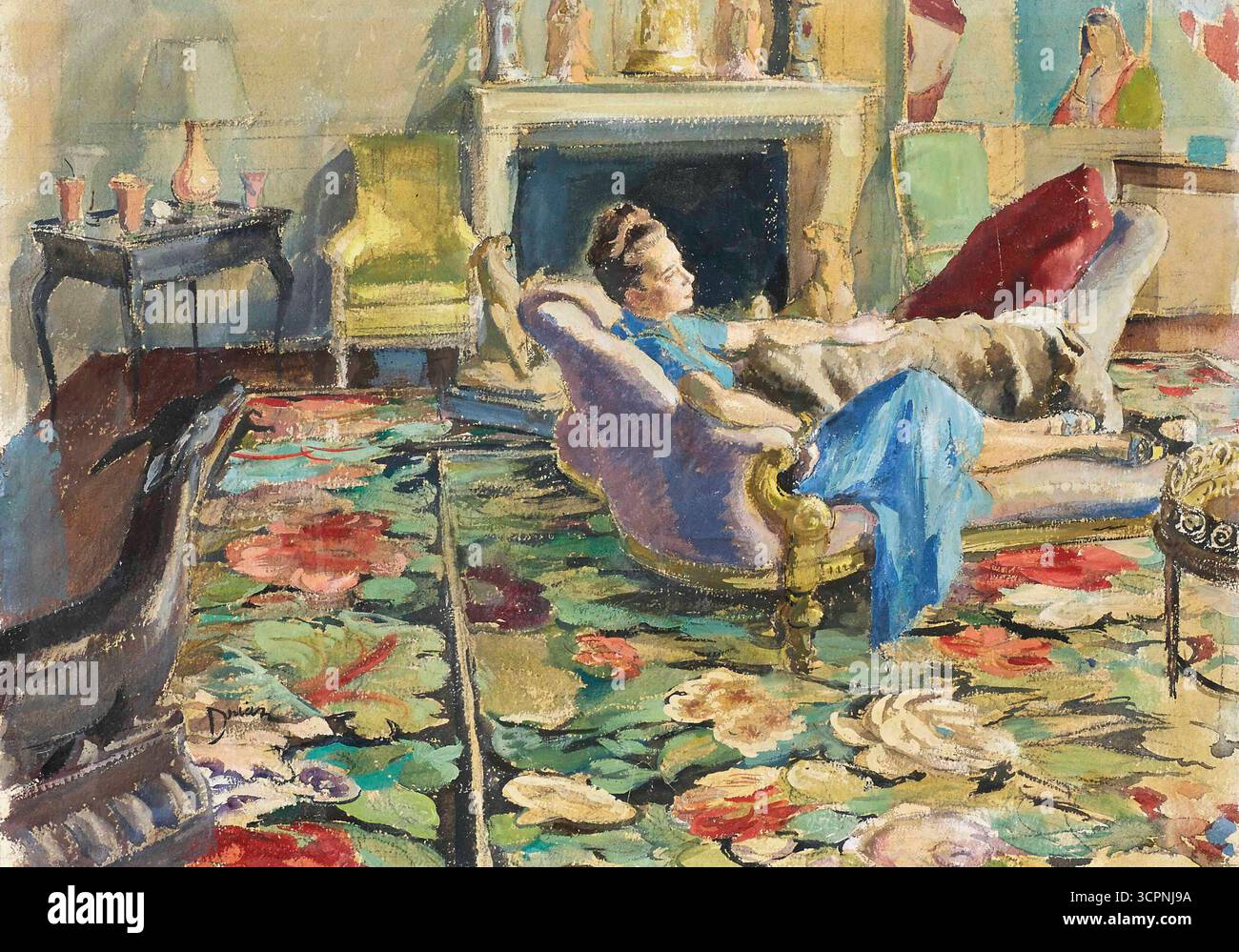 Madame Elsa Schiaparelli nel suo salotto. Museo: COLLEZIONE PRIVATA. Autore: ETIENNE DRIAN. Foto Stock