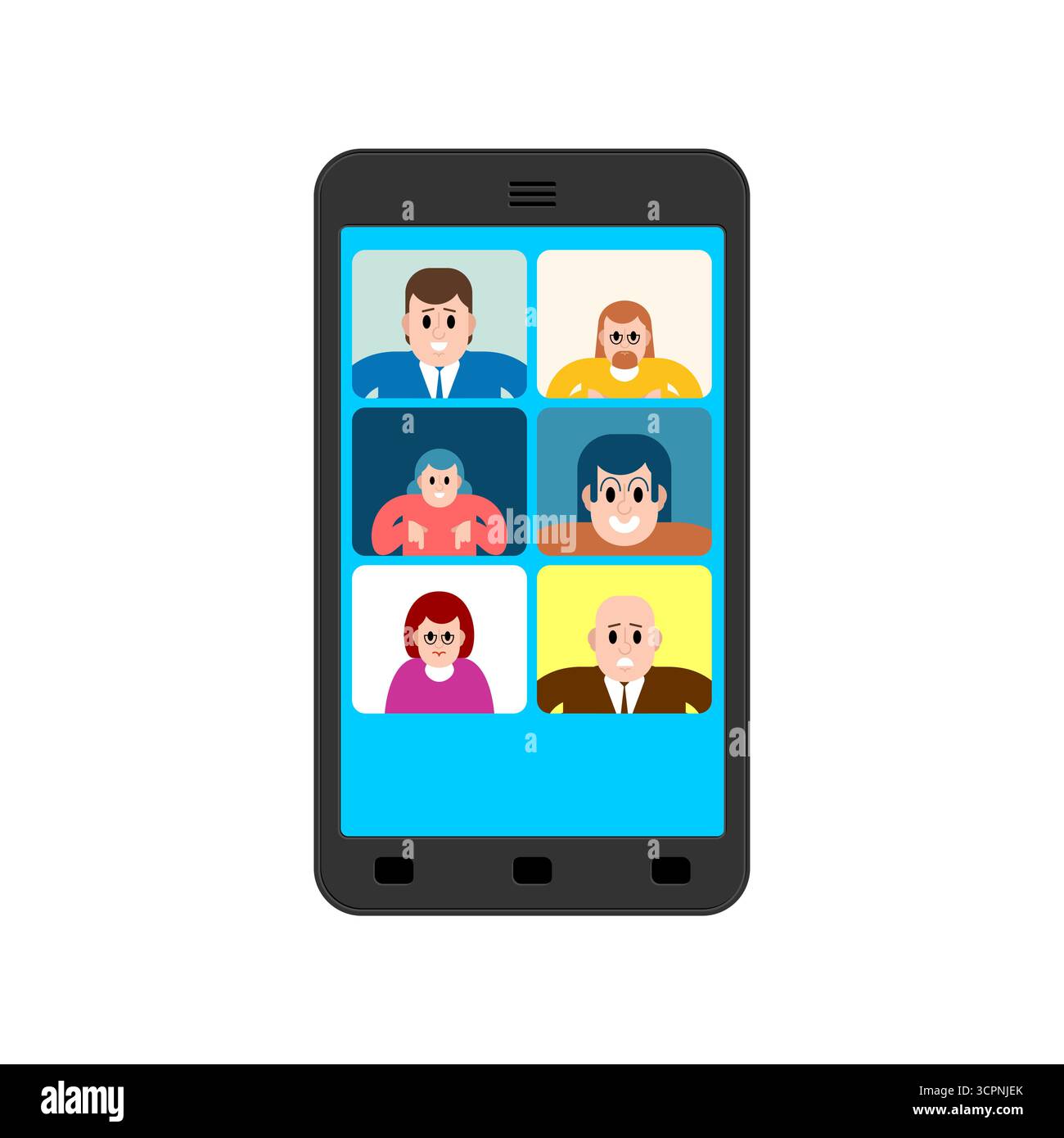 Videoconferenza su smartphone con interfaccia chat, simbolo di riunioni remote, lavoro di squadra online e comunicazione digitale nello stile di vita moderno. Illustrazione Vettoriale
