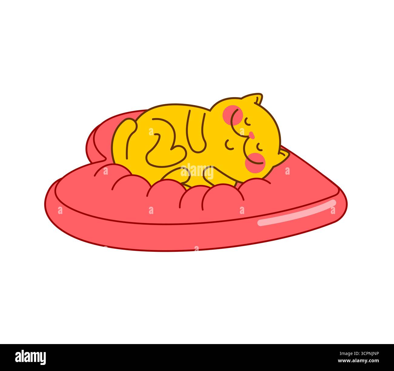 Simpatico gatto disteso su un morbido cuscino rosso a forma di cuore, che simboleggia il comfort, l'amore per gli animali domestici, il calore, il relax, e un'atmosfera accogliente. Illustrazione Vettoriale