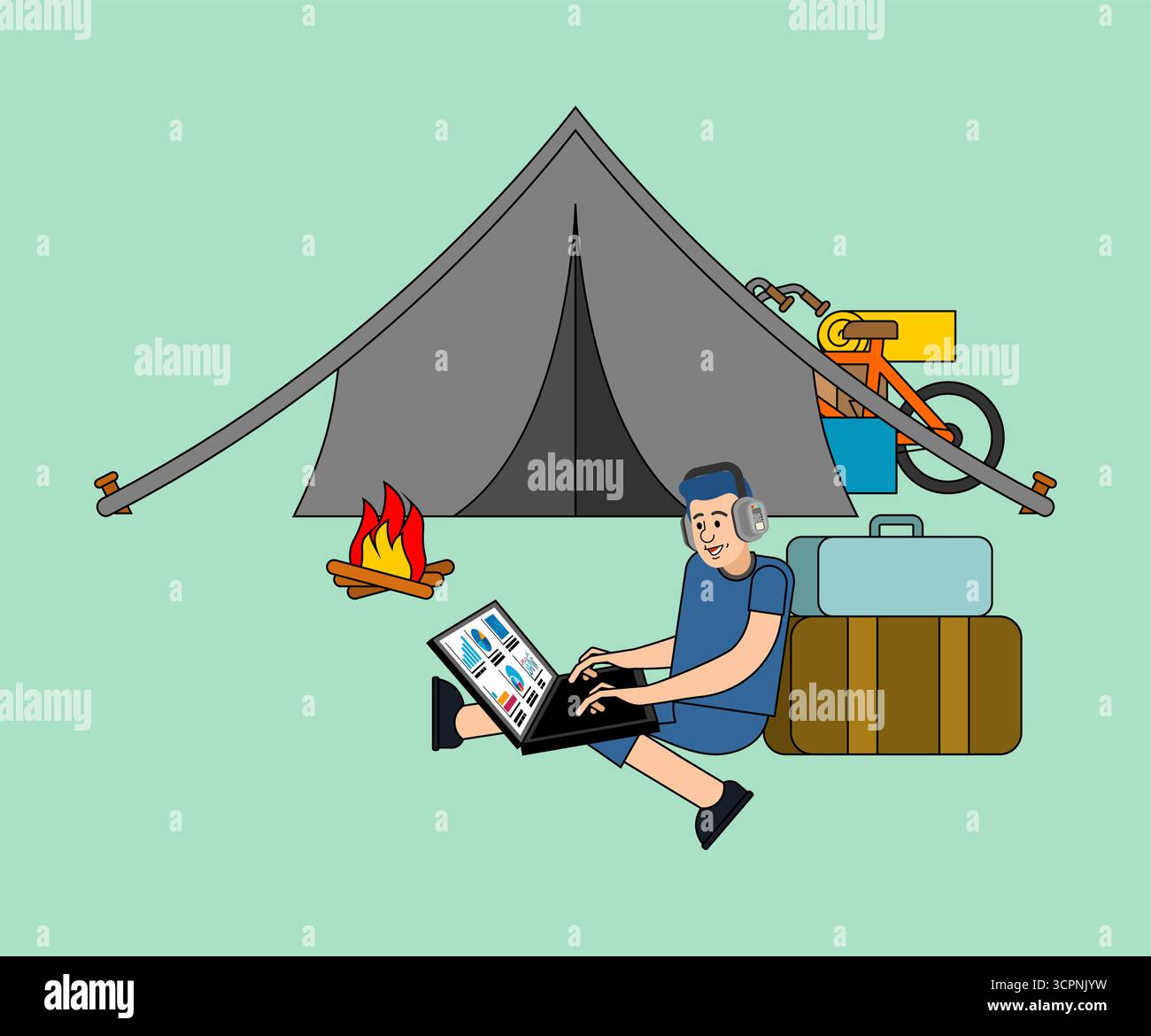 campeggio con tenda, fuoco, valigia e uomo che lavora su un computer portatile. Simbolo di nomadi digitali, freelance e lavoro all'aperto. Perfetto per i viaggi e la vita Illustrazione Vettoriale