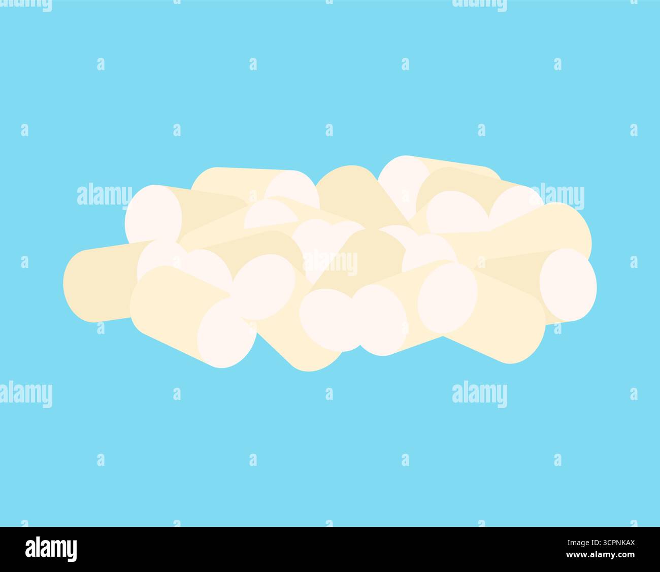 Pila di marshmallow dolci su sfondo blu, che simboleggiano dessert, caramelle, cibo confortevole e design minimalista per concetti culinari. Illustrazione Vettoriale