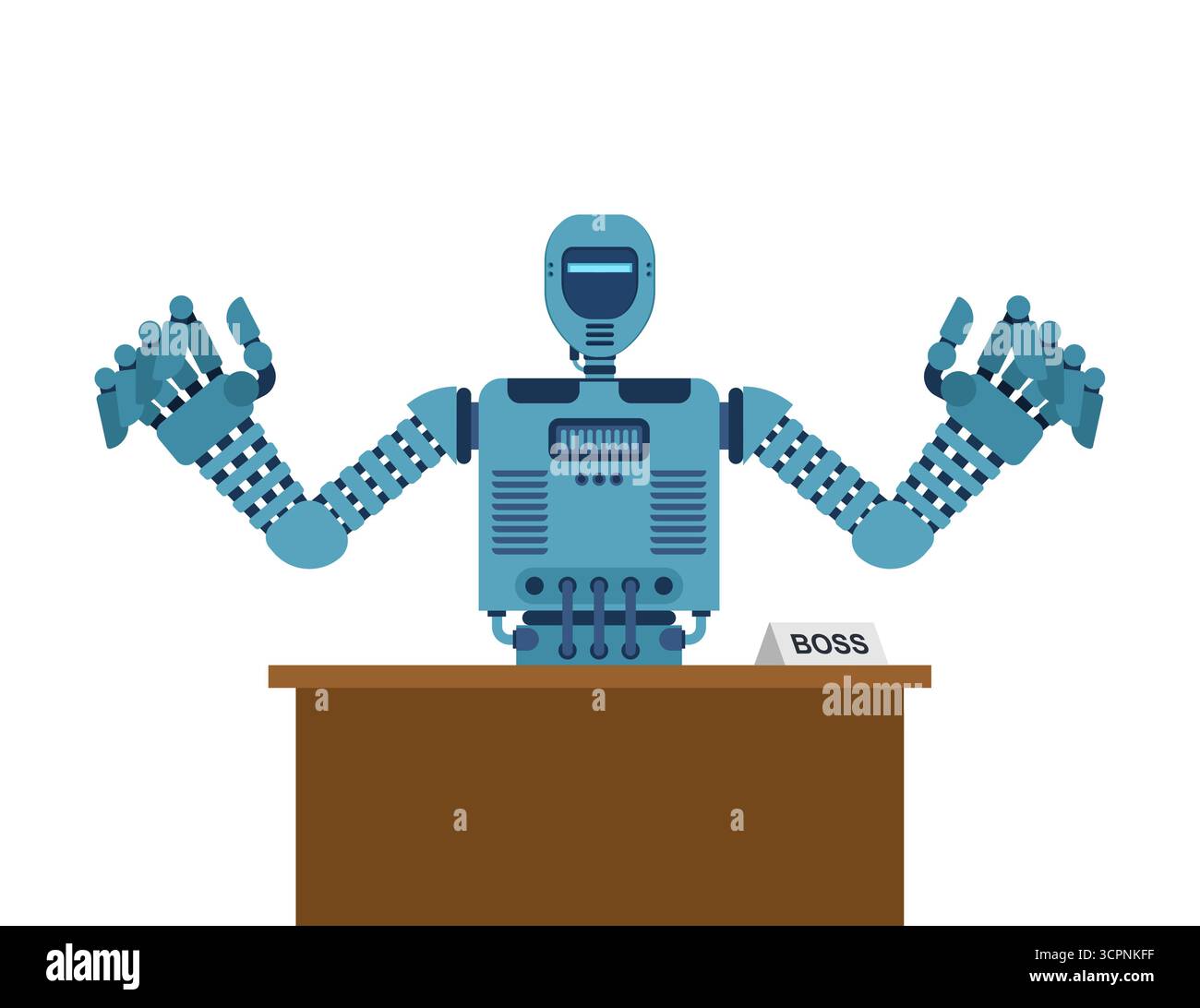 Robot ai arrabbiato seduto alla scrivania. Simbolo dell'intelligenza artificiale, dello stress, della pressione sul luogo di lavoro e della tecnologia del futuro. Perfetto per affari, fantascienza, e.. Illustrazione Vettoriale