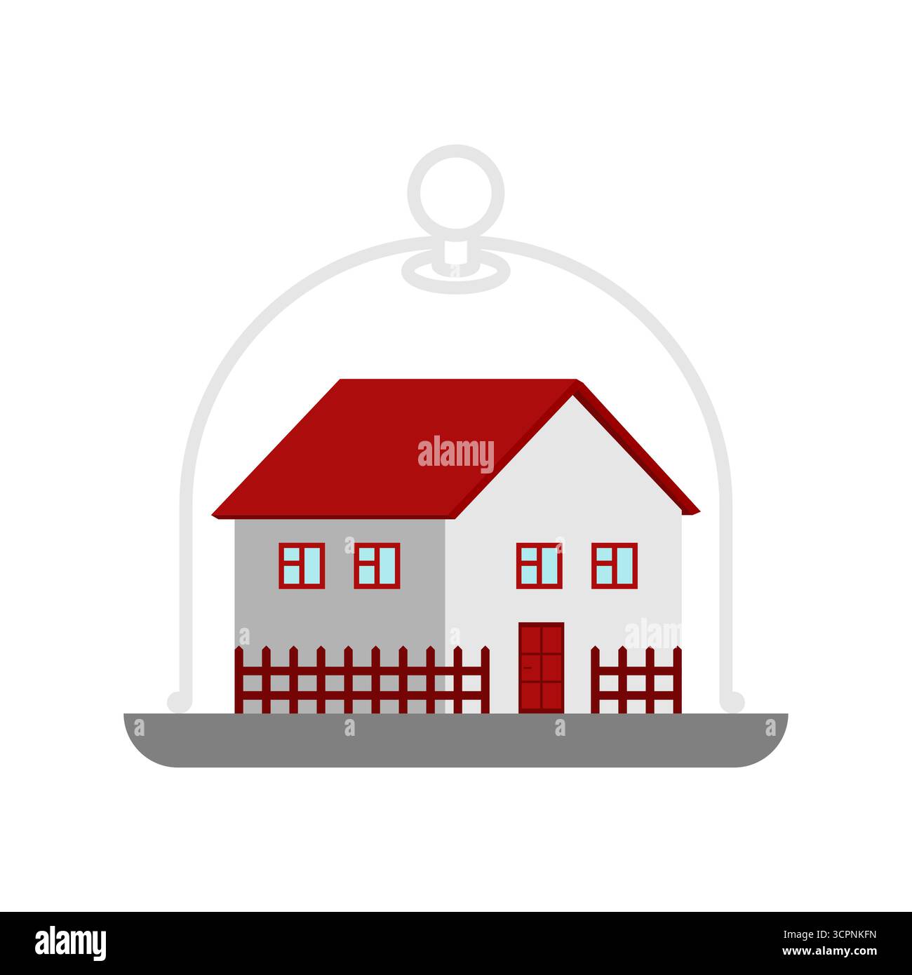 Casa sotto una cupola di vetro protettiva, simbolo di sicurezza, riparo, comfort e tutela dell'ambiente, rispecchiano i concetti di sicurezza domestica e isolamento. Illustrazione Vettoriale