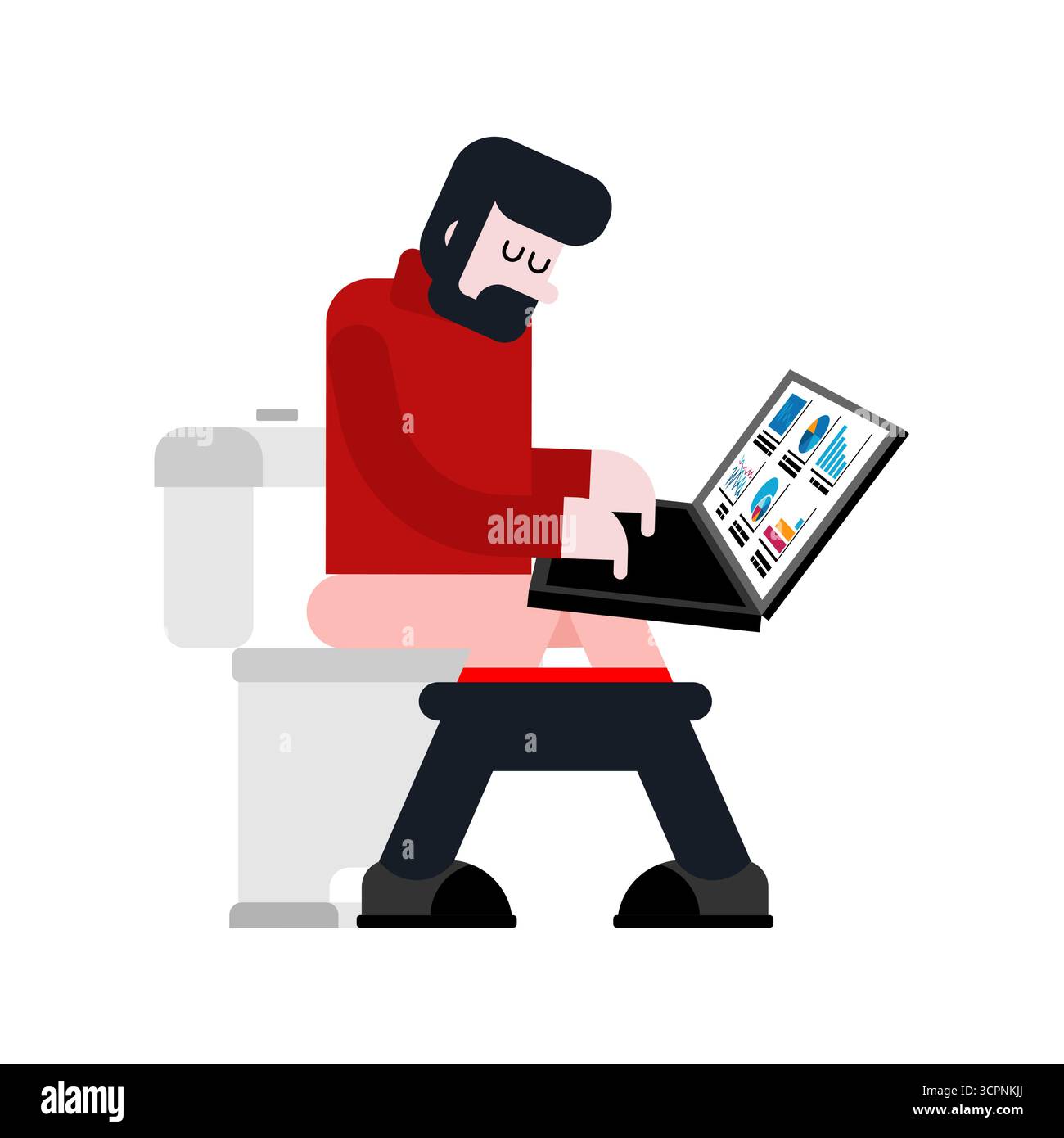 Persona seduta in bagno con laptop, simboleggia la presenza della tecnologia ovunque, la dipendenza digitale e il lato umoristico dello stile di vita moderno Illustrazione Vettoriale