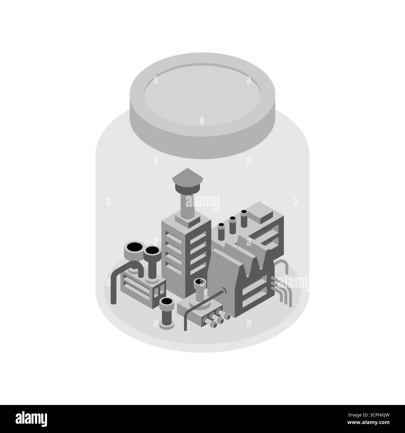 Fabbrica all'interno di un vaso di vetro che simboleggia la protezione ambientale, la conservazione della natura e il controllo delle emissioni industriali dannose. Perfetto per ec Illustrazione Vettoriale