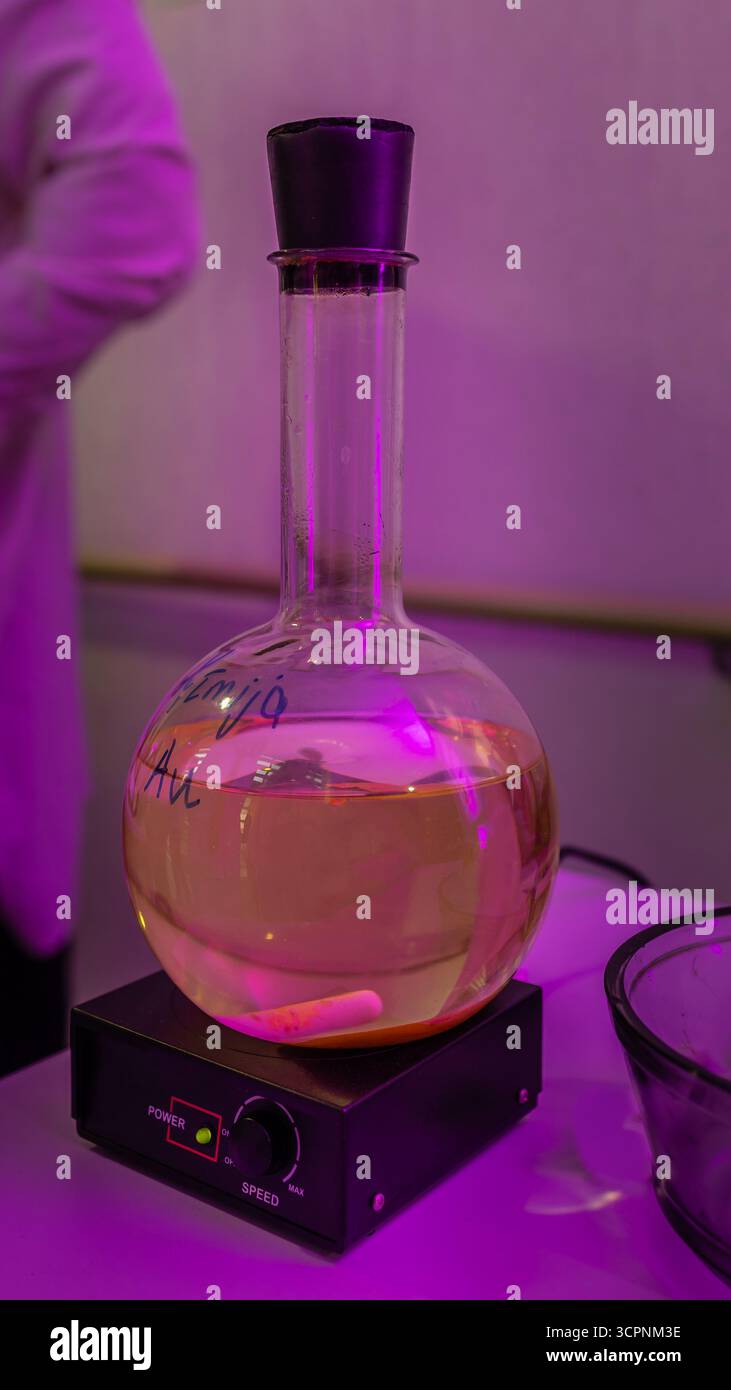 Esperimenti scientifici in laboratorio di chimica. Concetto di educazione alle scienze chimiche. Matracci da laboratorio con liquidi Foto Stock