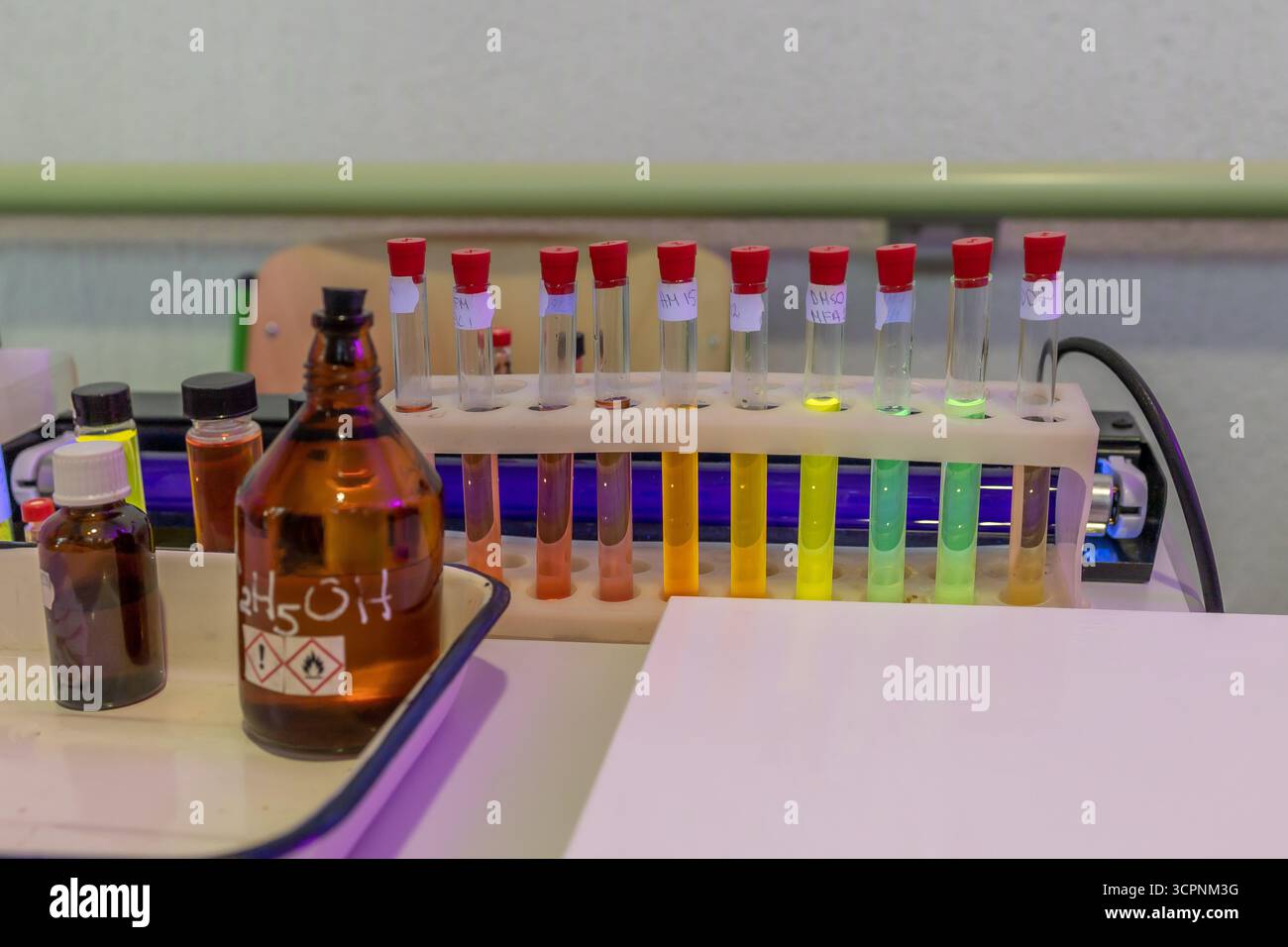 Esperimenti scientifici in laboratorio di chimica. Concetto di educazione alle scienze chimiche. Matracci da laboratorio con liquidi Foto Stock