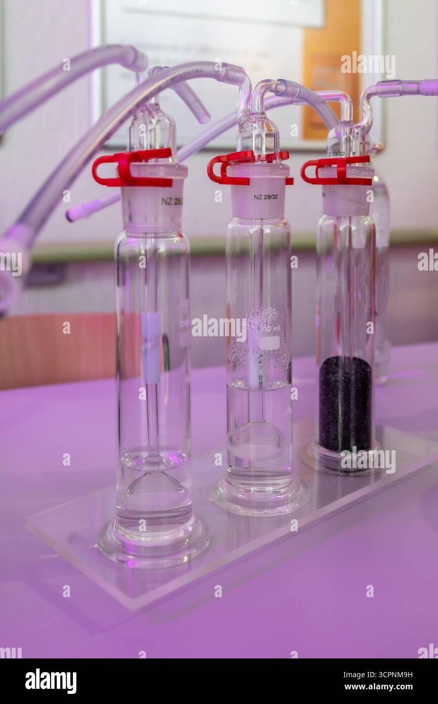 Esperimenti scientifici in laboratorio di chimica. Concetto di educazione alle scienze chimiche. Matracci da laboratorio con liquidi Foto Stock