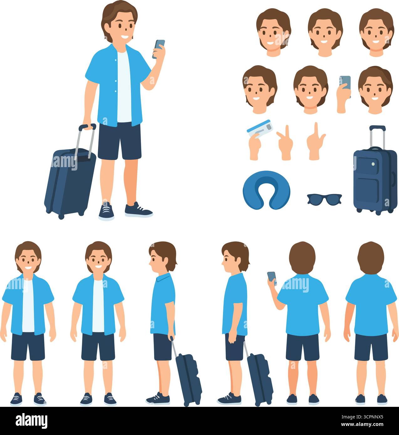 Giovane uomo che indossa abiti estivi e tiene in mano il bagaglio da viaggio. Costruttore di caratteri per l'animazione. Set per la visualizzazione anteriore, laterale e posteriore. Parti del corpo, posture, pos Illustrazione Vettoriale