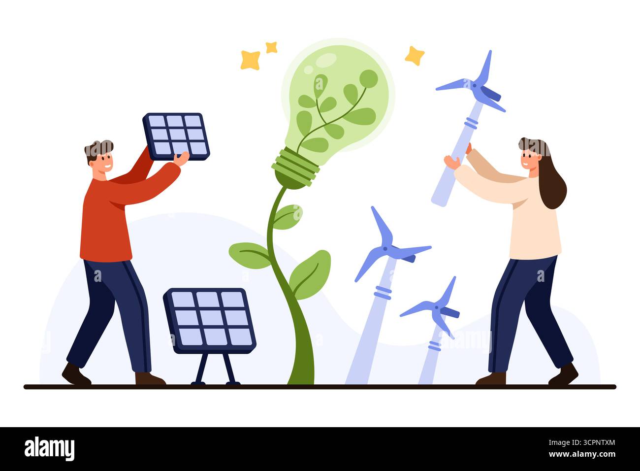 Due persone supportano l'energia rinnovabile utilizzando pannelli solari e turbine eoliche accanto a una lampadina verde, simboleggiando l'energia ecocompatibile e la sostenibilità isolata su sfondo bianco Illustrazione Vettoriale