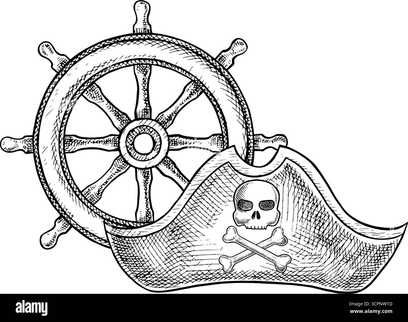 Cappello pirata tricorno e ruota della nave. Grafica in bianco e nero, illustrazioni vettoriali disegnate a mano. Per giochi e feste per bambini. Per adesivi Illustrazione Vettoriale