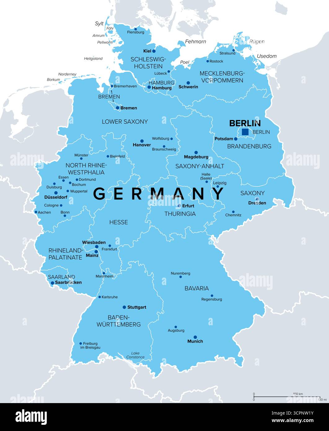 Germania, un paese dell'Europa centrale con Berlino capitale, mappa politica blu. La Repubblica federale di Germania è suddivisa in 16 stati costituenti. Foto Stock