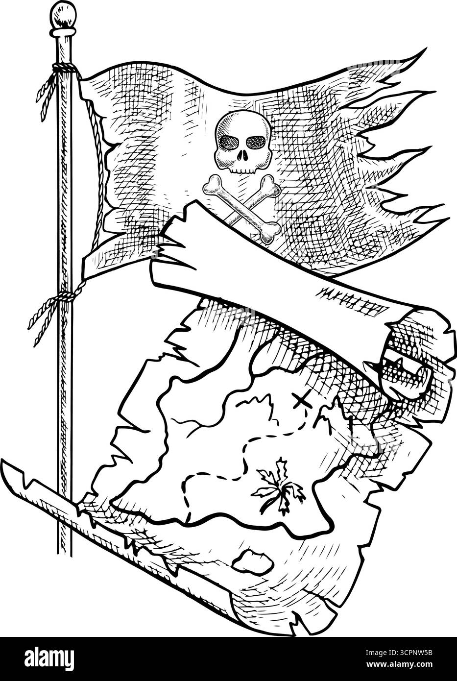 Bandiera dei pirati, ancora e mappa del tesoro. Grafica in bianco e nero, illustrazioni vettoriali disegnate a mano. Per giochi e feste per bambini. Per adesivi Illustrazione Vettoriale