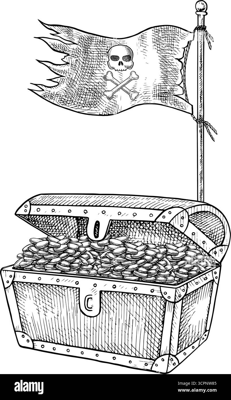 Un vecchio petto con monete d'oro e una bandiera dei pirati. Grafica in bianco e nero, illustrazioni vettoriali. Illustrazioni disegnate a mano. Per giochi per bambini e. Illustrazione Vettoriale