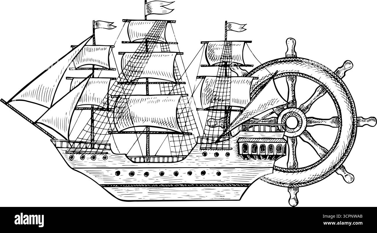 Una vecchia nave con vele e volante. Grafica in bianco e nero, illustrazioni vettoriali disegnate a mano. Per giochi e feste per bambini. Per Illustrazione Vettoriale