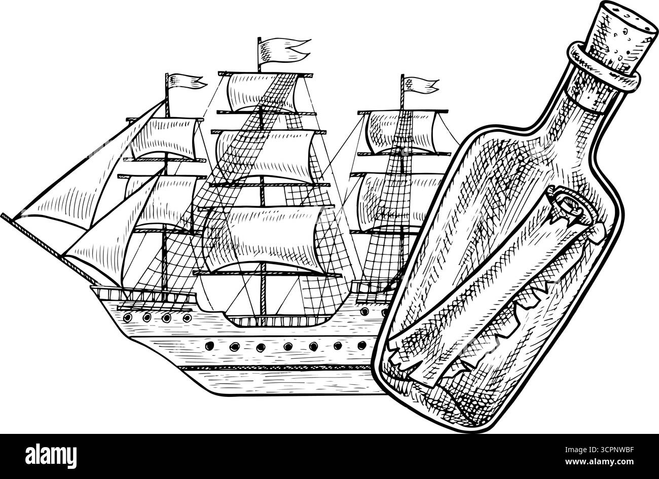 Una vecchia nave con vele e un rotolo in bottiglia. Grafica in bianco e nero, illustrazioni vettoriali disegnate a mano. Per giochi e feste per bambini. Per Illustrazione Vettoriale