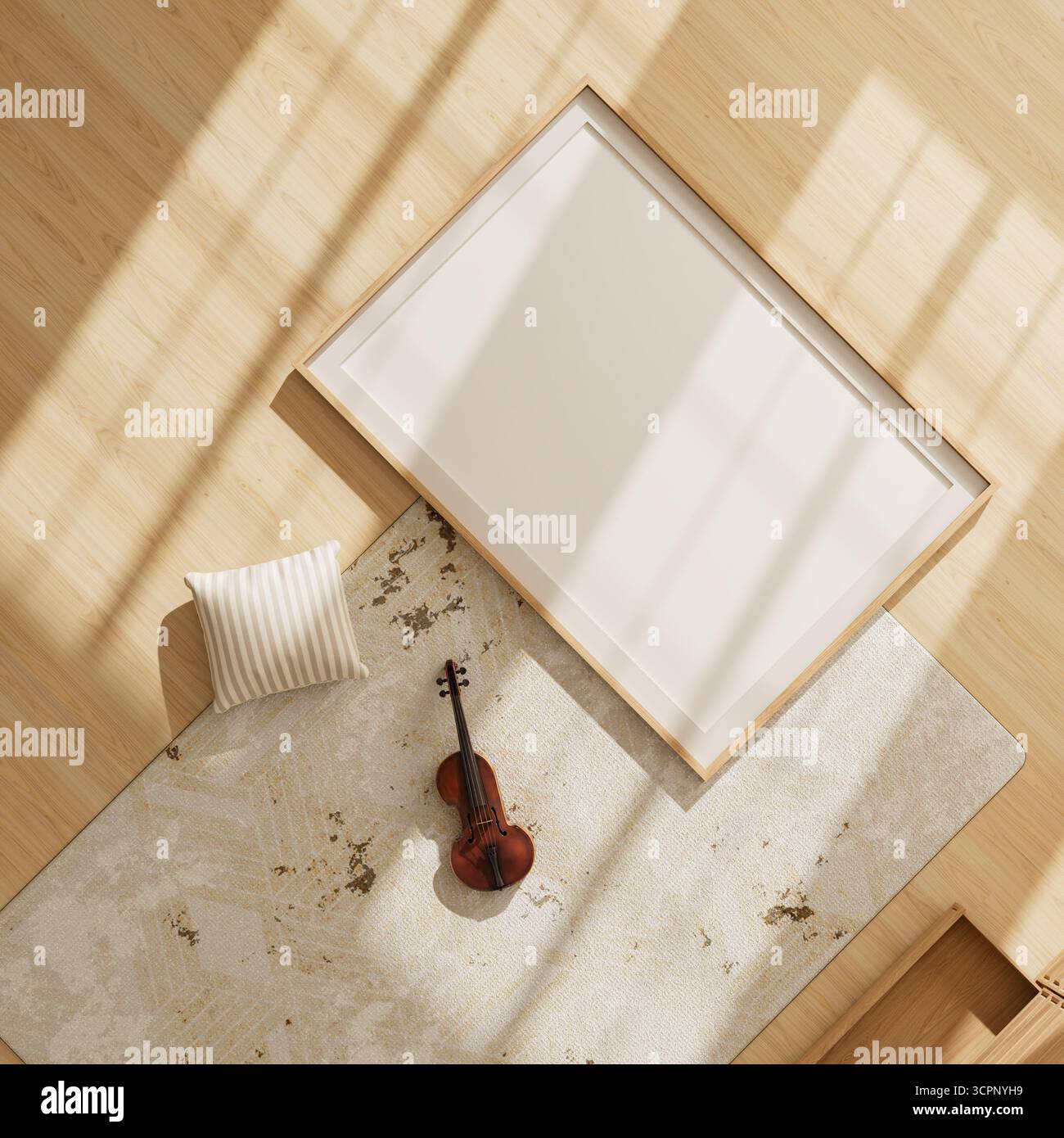 Un intimo interno scandinavo con una cornice a poster mock-up, mobili in legno, vasi in ceramica e un violino vintage che aggiungono fascino artistico. Illustrazione 3D. Foto Stock
