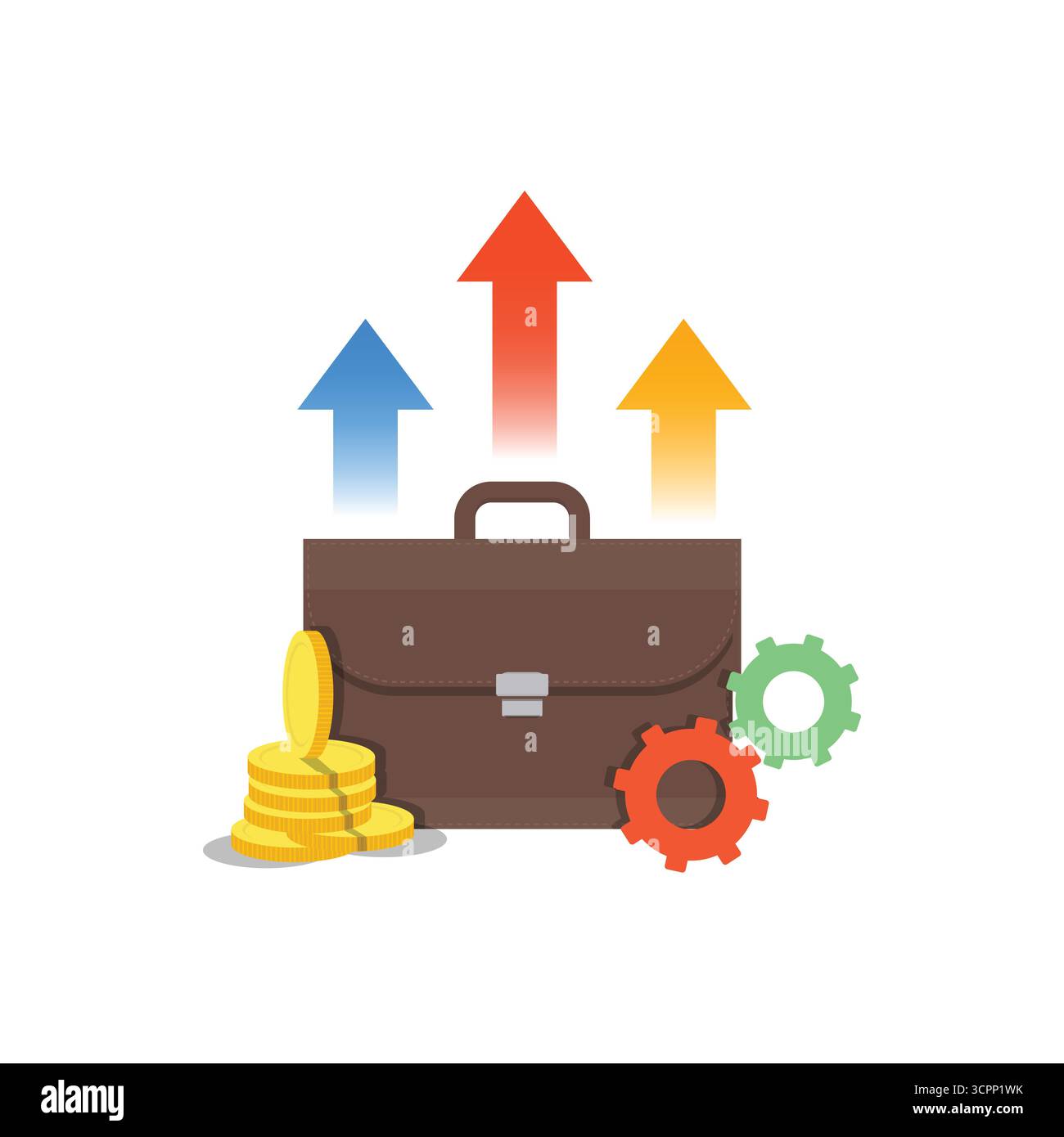 Illustrazione dal design piatto di una valigetta business con monete, ingranaggi e frecce verso l'alto. Perfetto per i concetti di finanza, investimento e crescita aziendale. Illustrazione Vettoriale